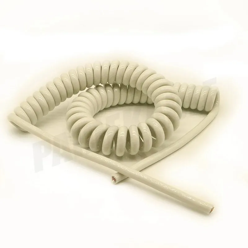 6×26AWG Medical Coiled Cable, White PUR, 50 cm Extended, 2–2.5 m Retracted